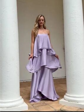 elliatt tilly purple satin tiered oversized ruffle flared maxi gown dress XS NEW